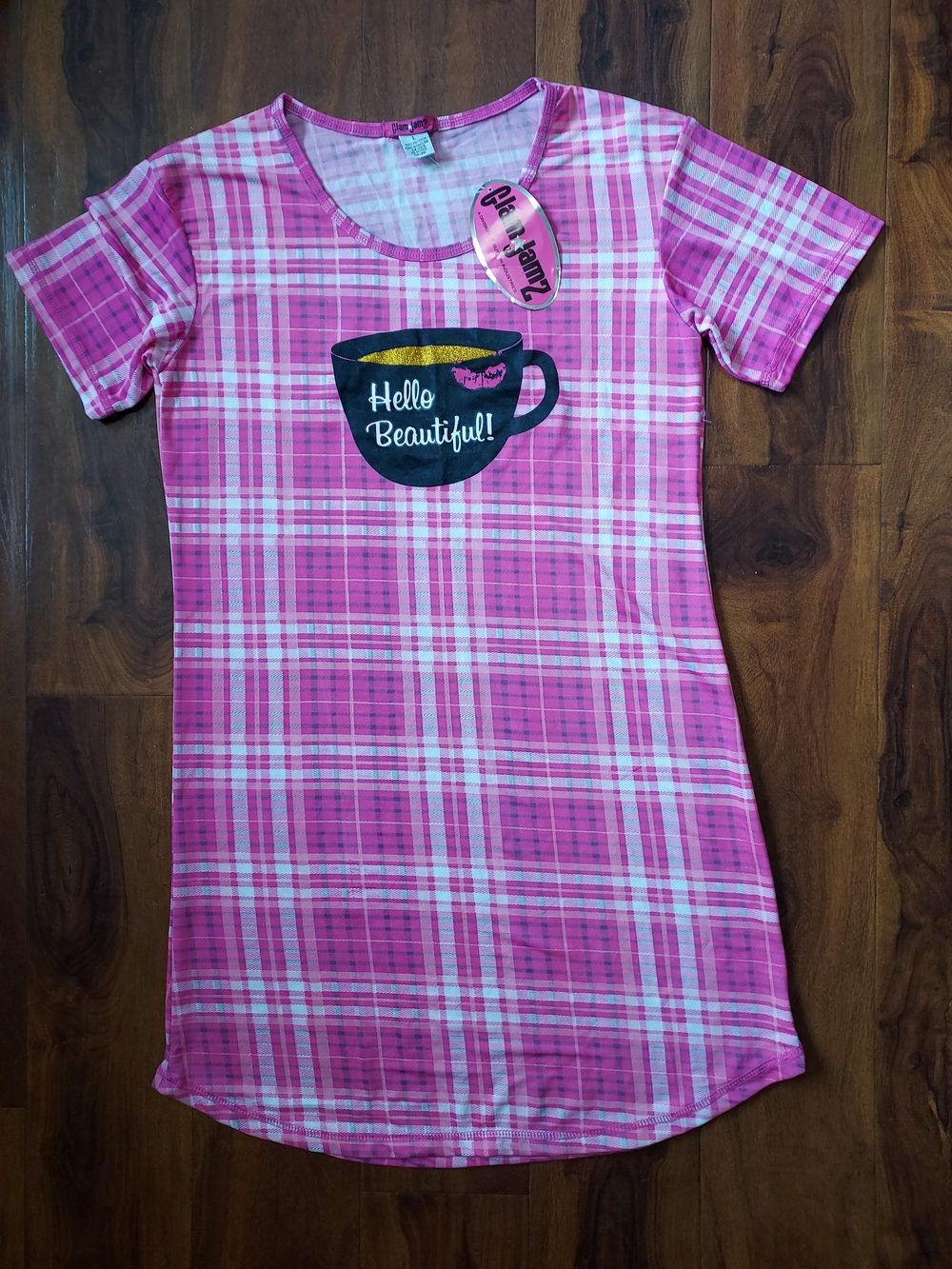 Pink Plaid Chemise Nightshirt with 'Hello Beautiful' Cup Graphic